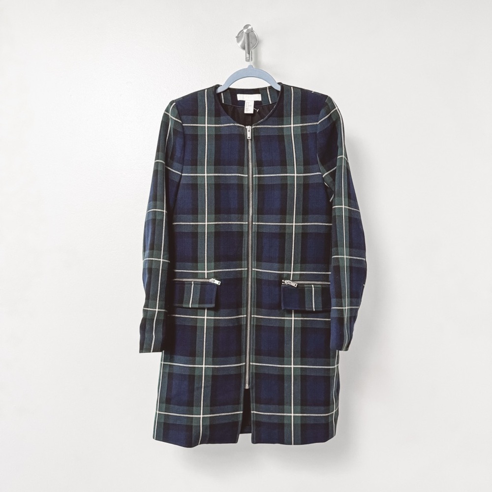 H & M Spring Preppy Chic Collarless‎ Plaid Coat Jacket Blue Green 6